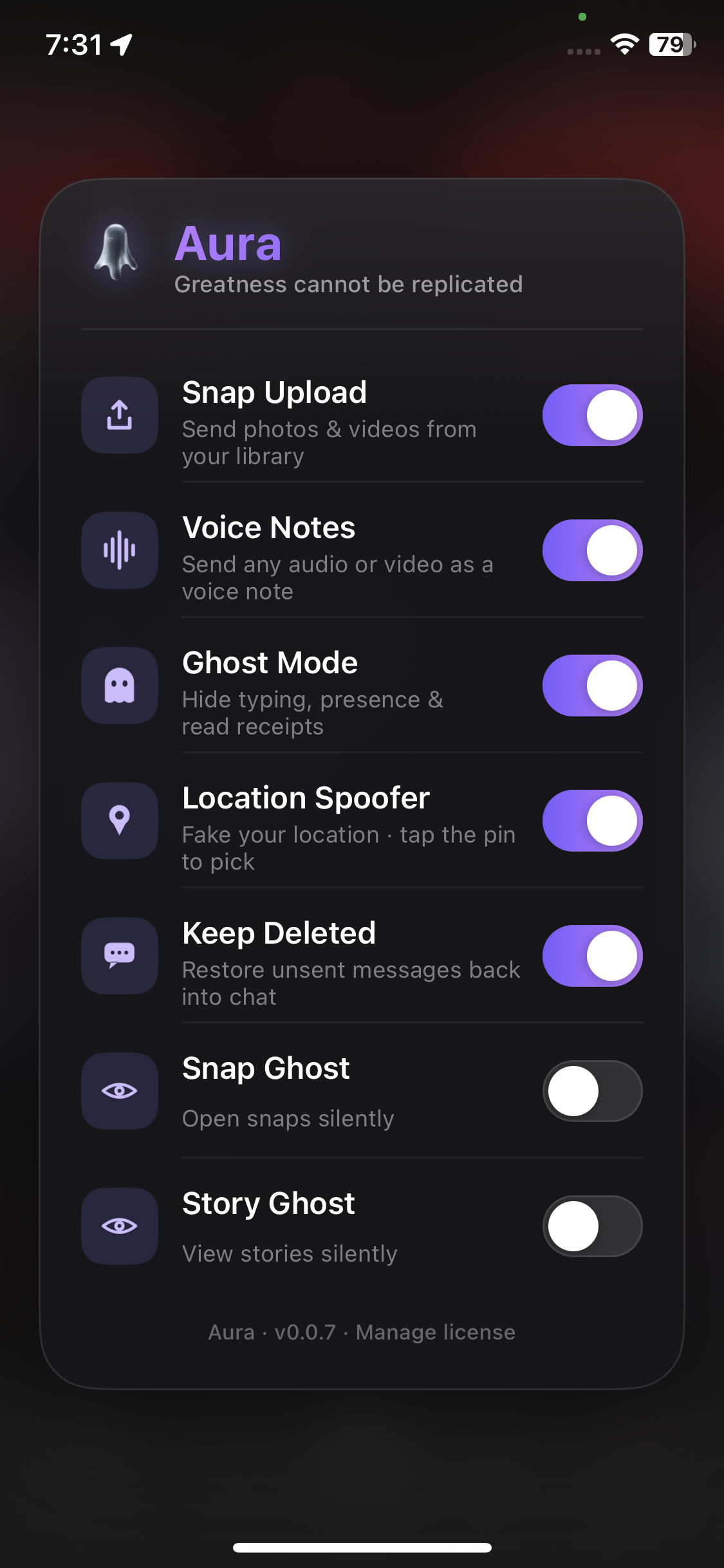 Aura tweak running on an iPhone, showing the in-app feature panel with toggles enabled